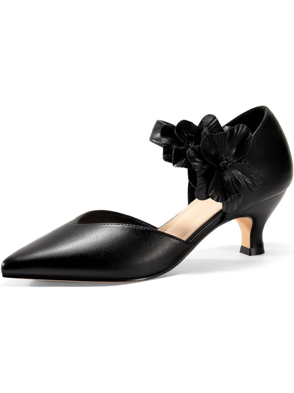 Women's Black Low Kitten Heel Comfortable Closed Toe Flower Slip On Shoes